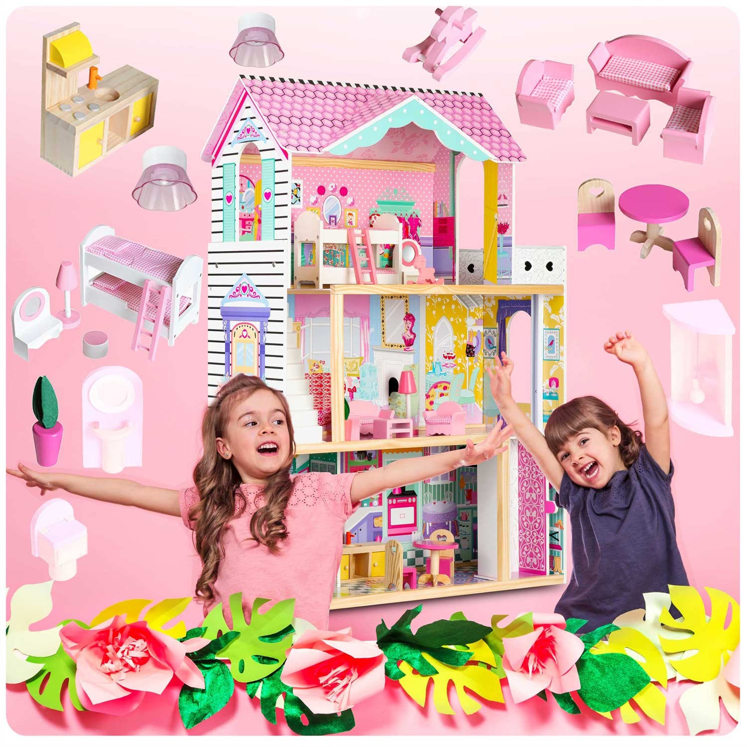 Suur kolmekorruseline puidust nukumaja lifti ja LED-valgustiga - Image 14