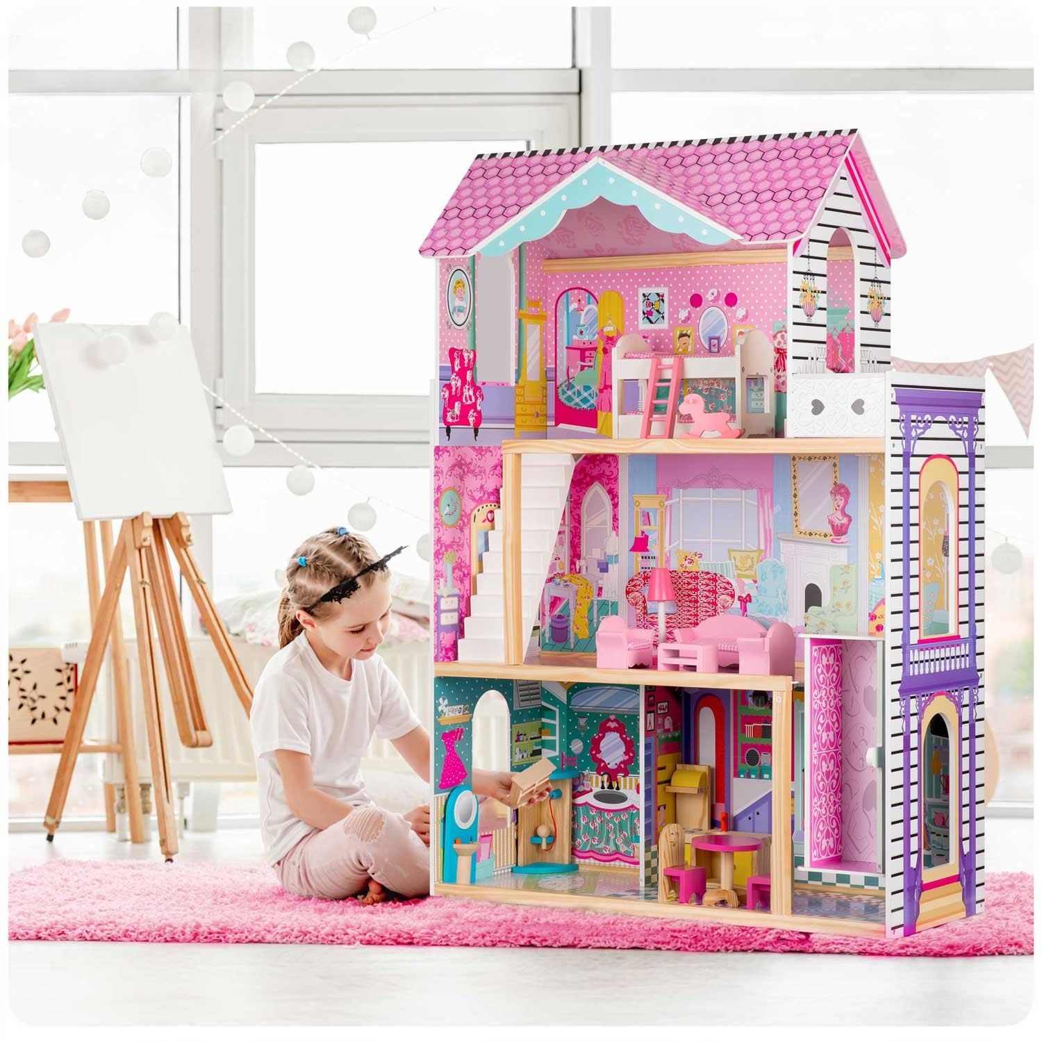 Suur kolmekorruseline puidust nukumaja lifti ja LED-valgustiga - Image 13