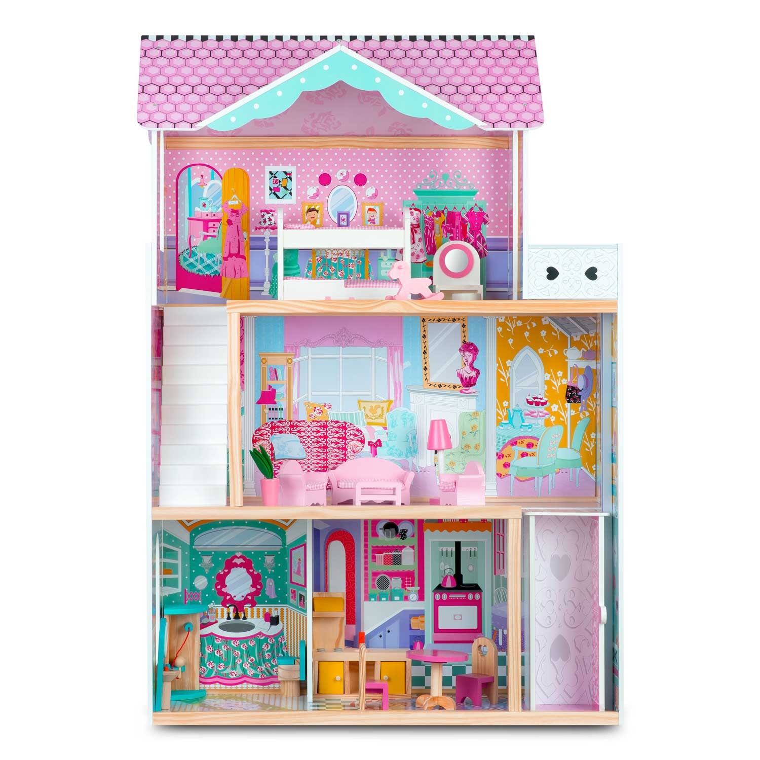 Suur kolmekorruseline puidust nukumaja lifti ja LED-valgustiga - Image 4