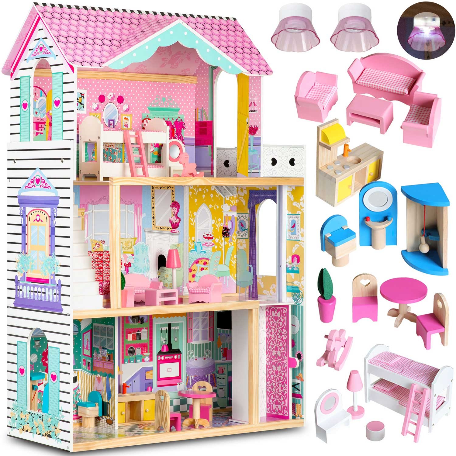 Suur kolmekorruseline puidust nukumaja lifti ja LED-valgustiga - Image 2