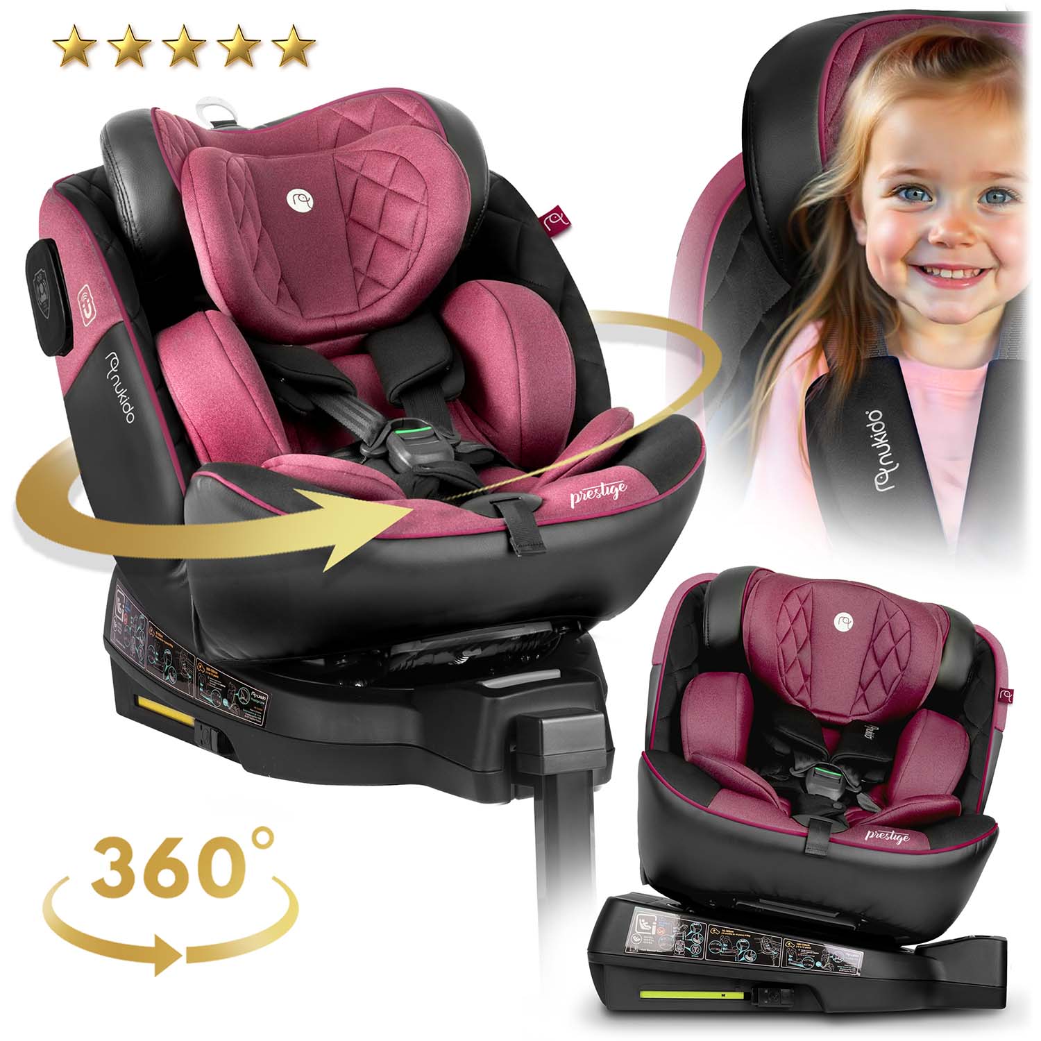 Nukido Prestige Line must ja roosa turvatool 0-36 kg ISOFIX-iga - Image 10