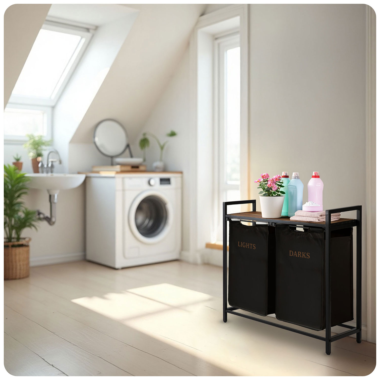 Kahe sektsiooniga pesukorv raamil 80 l Massido - Image 9