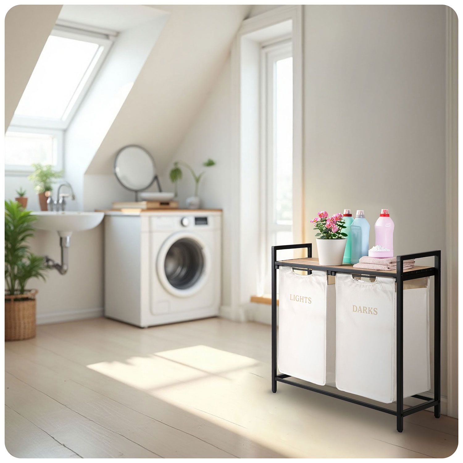 Kahe sektsiooniga pesukorv raamil 80 l Massido - Image 8