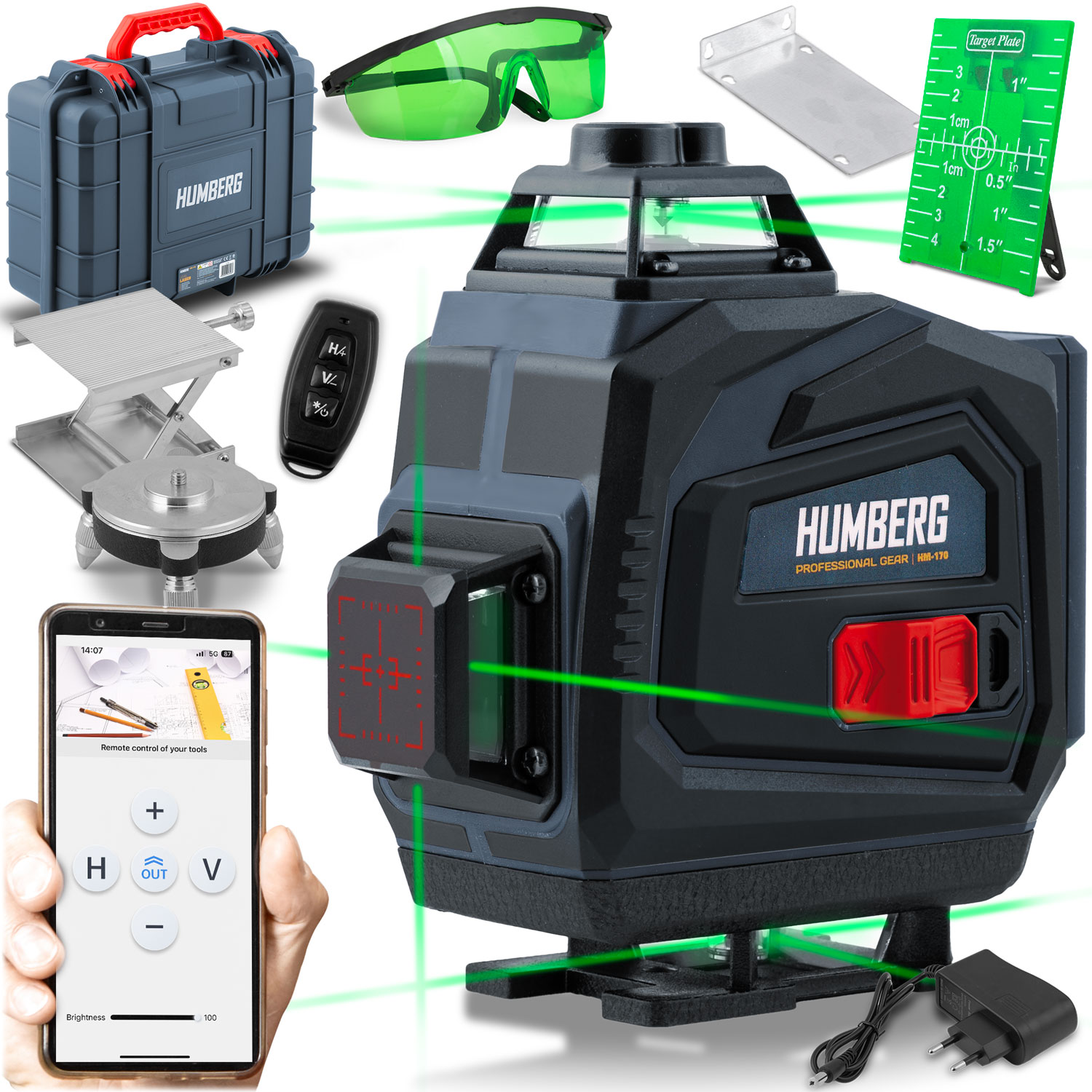 Humberg HM-170 ristjoonlaser kohvris + lisatarvikud