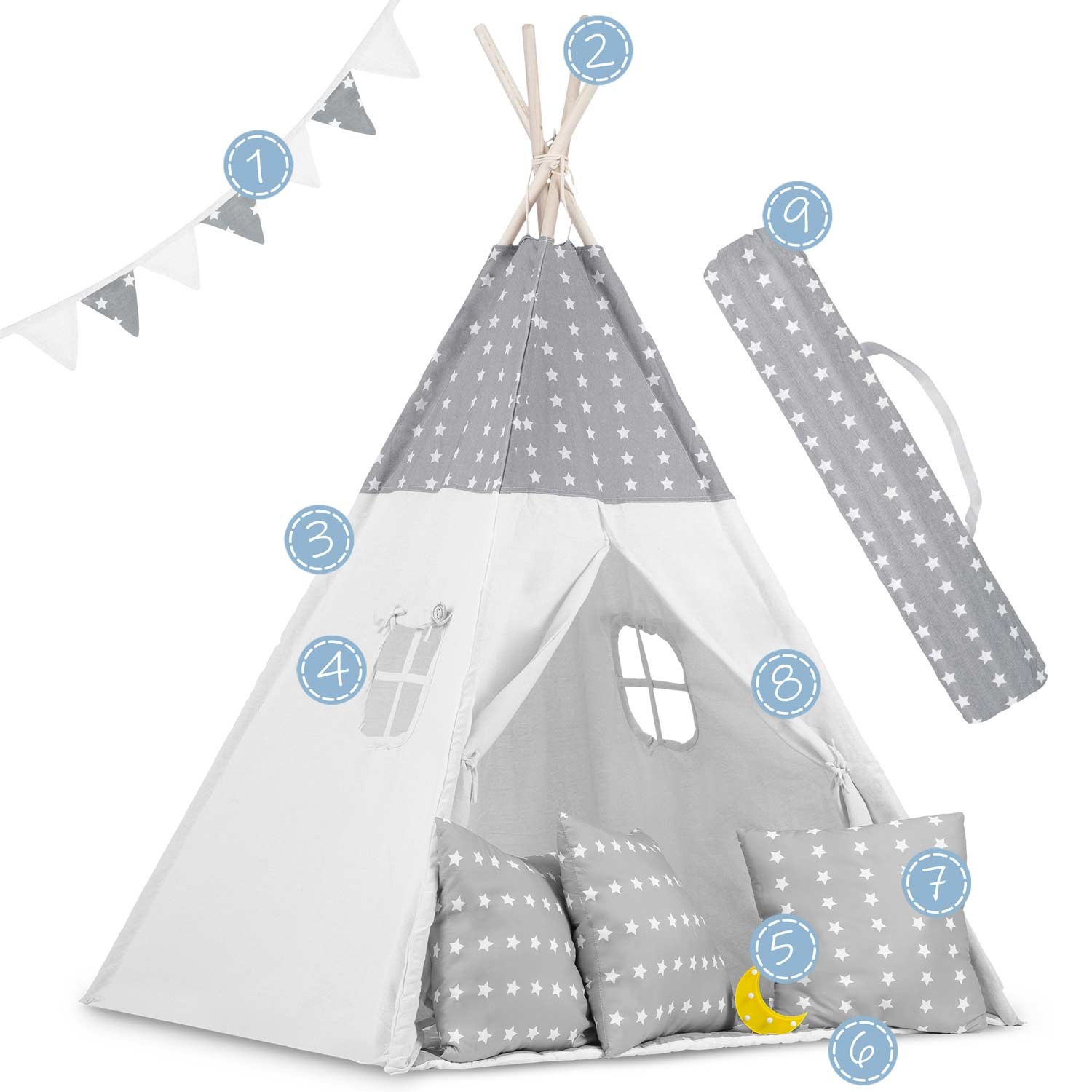 Laste tipii-telk pärja ja tuledega - helehall tähtedega - Image 7