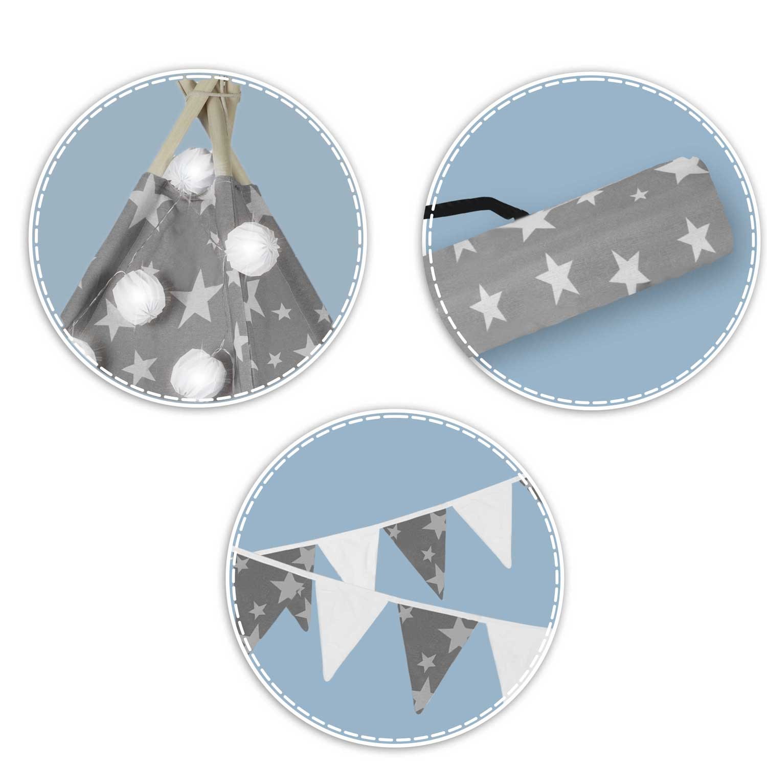 Nukido tipi telk lastele pärja ja tuledega - hall tähtedega - Image 4