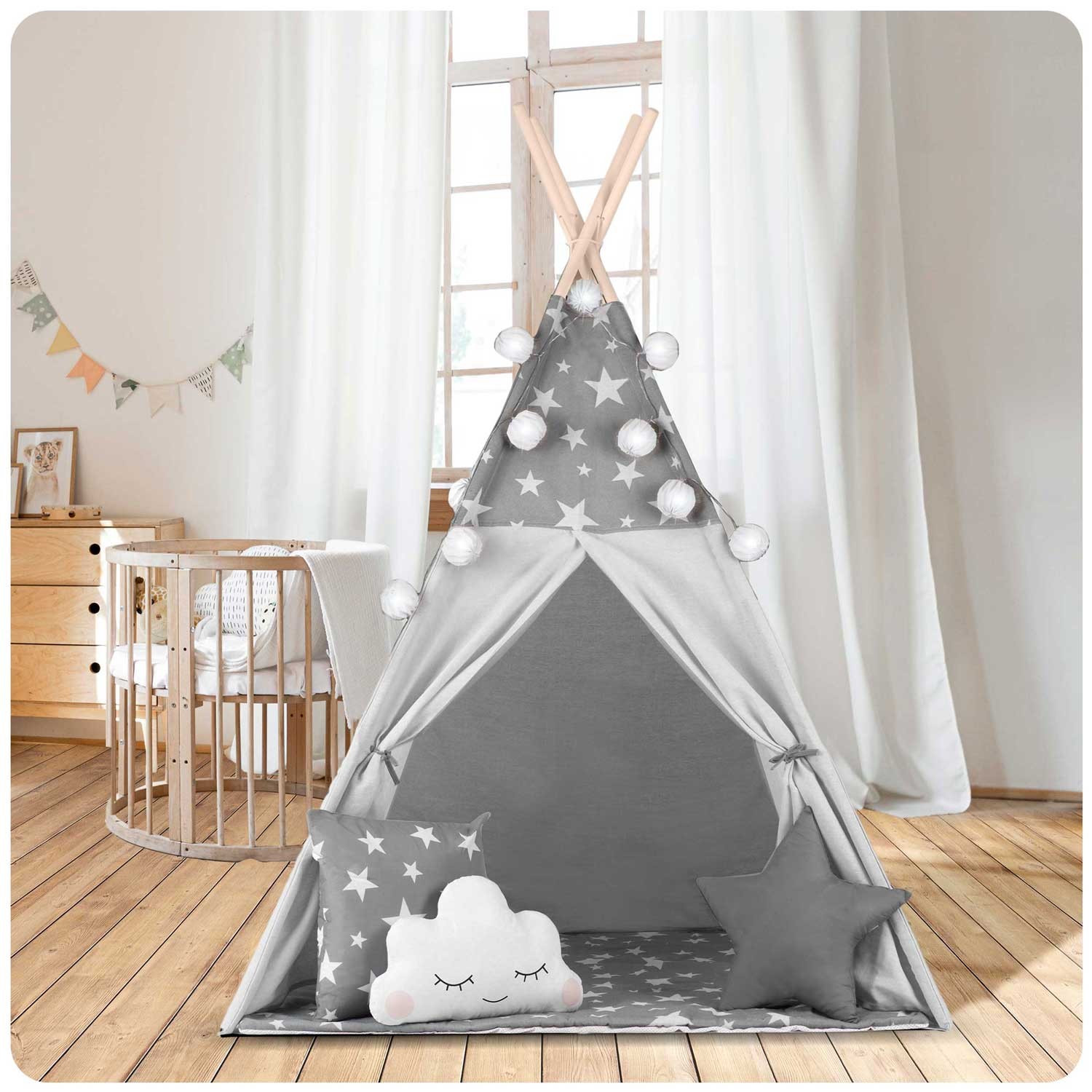 Nukido tipi telk lastele pärja ja tuledega - hall tähtedega - Image 14