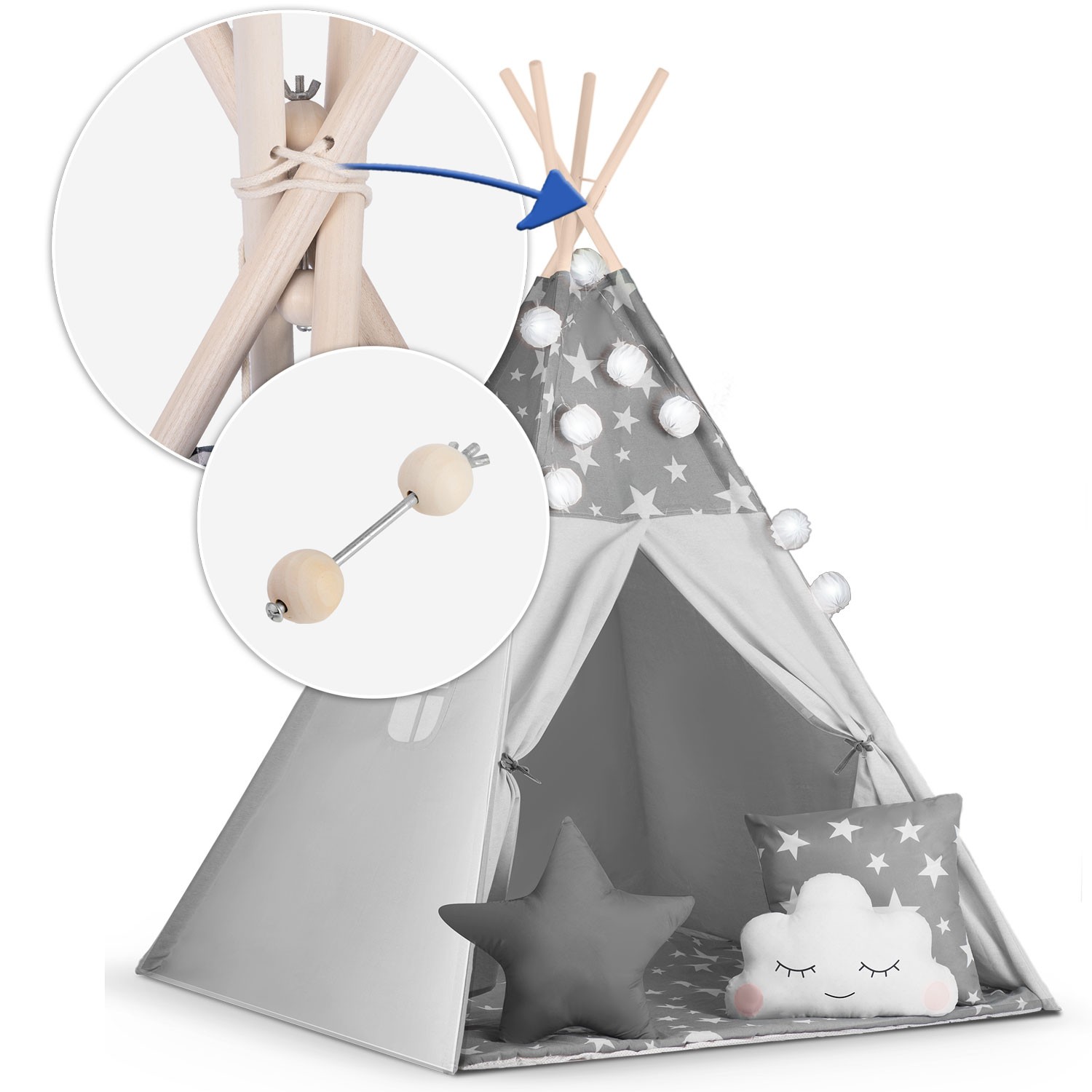 Nukido tipi telk lastele pärja ja tuledega - hall tähtedega - Image 6