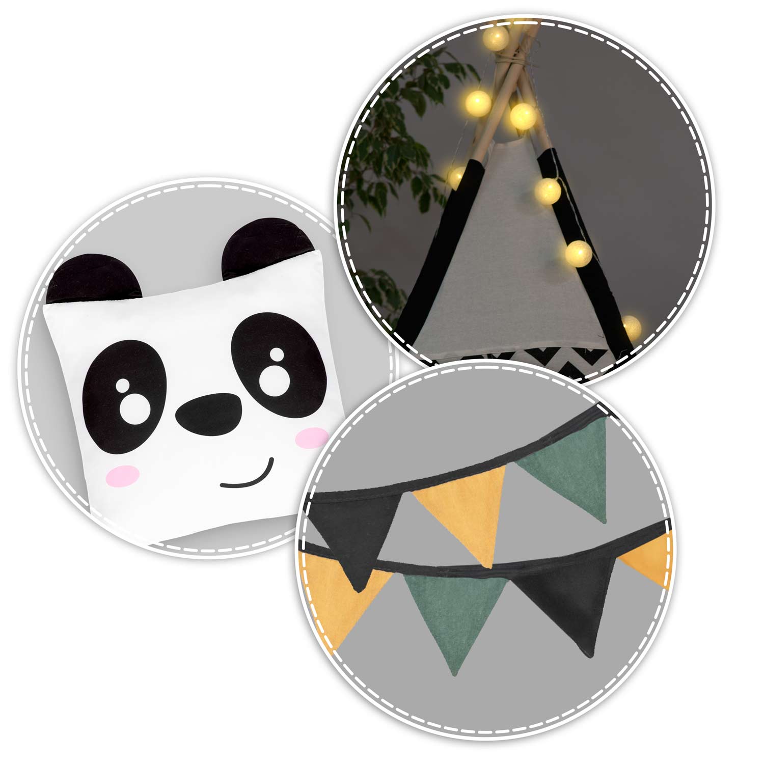 Nukido tipii telk lastele mustvalge vaniku ja tuledega, pandaga - Image 9