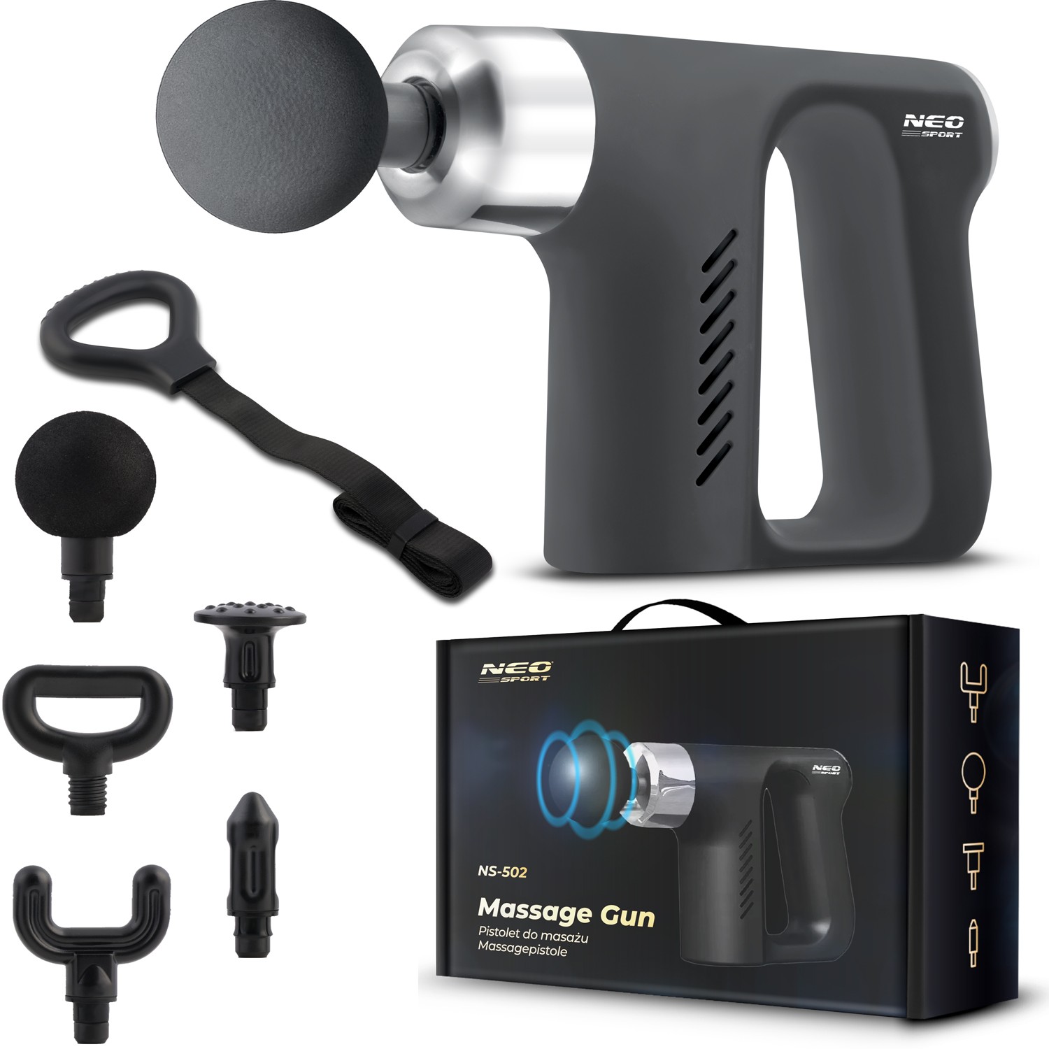 Kehamassaažipüstol 5 otsikuga NS-502 Neo-sport must