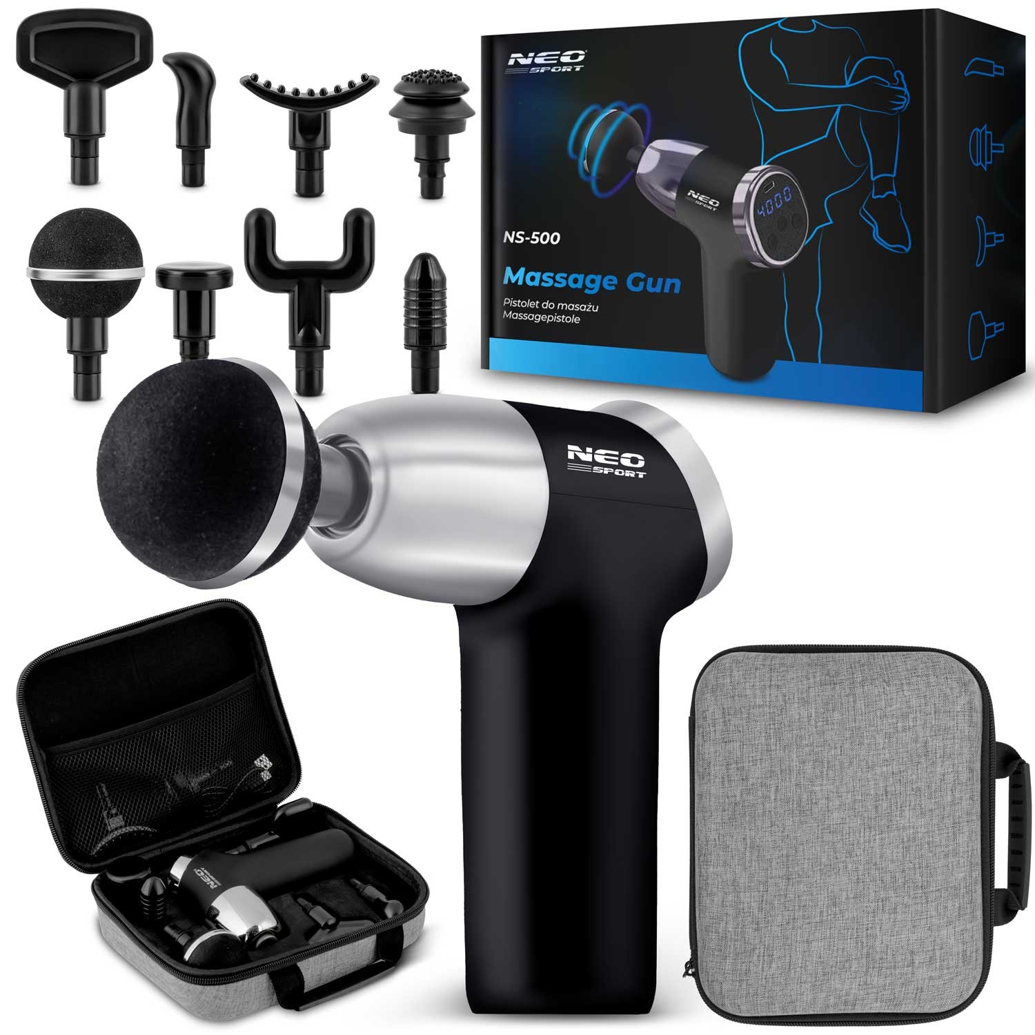 Kehamassaažipüstol 8 otsikuga NS-500 Neo-sport must