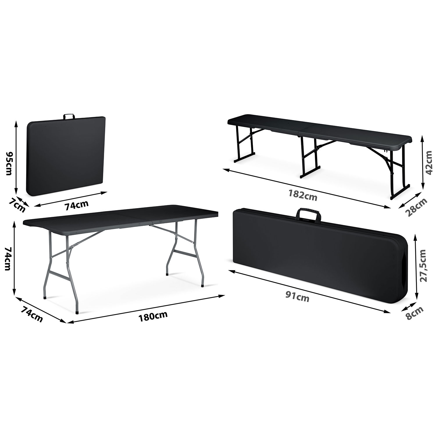 Kokkupandav aialaud + 2 pinki, toitlustuskomplekt, 180 cm, Plonos, must - Image 8